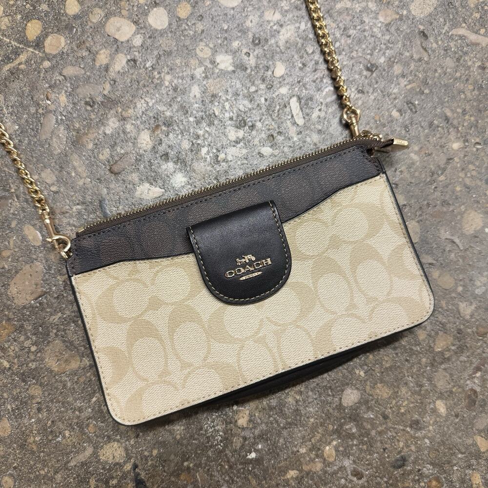 Coach Signature Canvas Black Leather Crossbody Bag + Mini Pouch Gold Chain Set - Picture 3 of 10